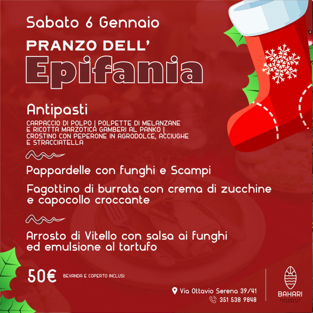 Chiudiamo le festività in bellezza con il Pranzo dell'Epifania da Bahari!
 Il 6 gennaio, concediti un ultimo momento di gioia culinaria prima di salutare le festività.  Vieni a condividere con noi il gusto autentico della tradizione e saluta le festività con un sorriso!