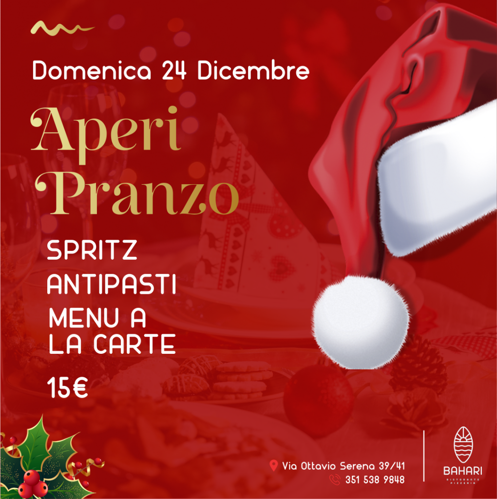 Aperitivo di Natale il 24 a Pranzo 🎄✨
Un'atmosfera avvolgente, sapori autentici e la magia del Natale si fondono. Un aperitivo di Natale unico, dove la tradizione pugliese si sposa con l'innovazione culinaria!
Vieni a brindare con noi il 24 dicembre a pranzo, immergiti nel calore delle festività e lasciati conquistare dai sapori della nostra cucina!