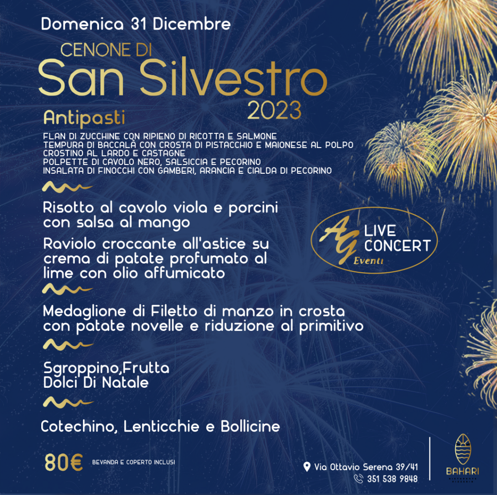 🎉🥂Salutiamo l'anno che se ne va con stile e gusto al Bahari! Il 31 dicembre, un cenone indimenticabile ti aspetta per festeggiare insieme l'arrivo del nuovo anno. Delizie culinarie, atmosfera festosa e il calore dell'accoglienza pugliese renderanno la tua serata memorabile.
Prenota ora per assicurarti un posto al tavolo e brindiamo insieme al 2024!