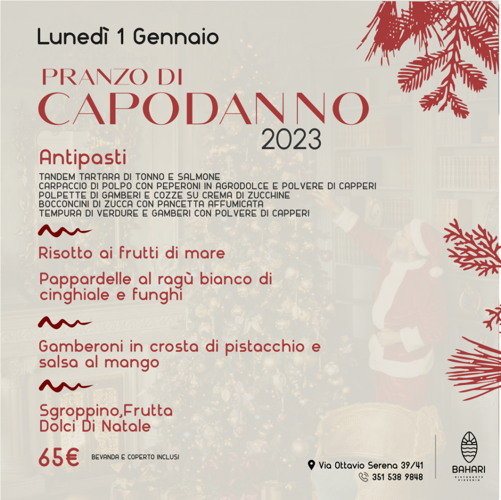 🌅 Da Bahari…Siamo pronti a farti vivere un inizio d'anno speciale! Unisciti a noi il 1 gennaio per un pranzo esclusivo, dove i sapori autentici e l'atmosfera accogliente saranno protagonisti di una giornata memorabile. 
Prenota subito il tuo tavolo e regalati un primo giorno dell'anno all'insegna del gusto e della gioia dello stare insieme!